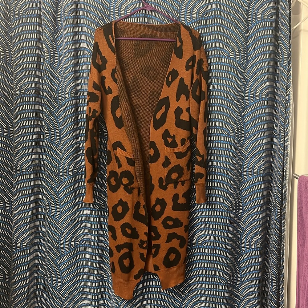 Brown and Black Leopard Print Duster Cardigan